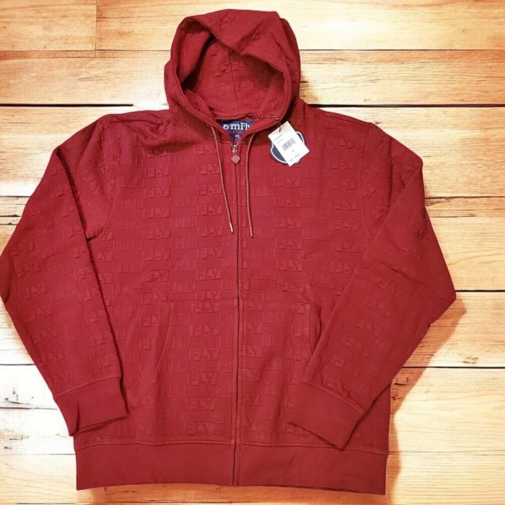 Born Fly Zippered Hoodie Men's‎ Size XL Solid Dark Red Logo all over Print  NWT